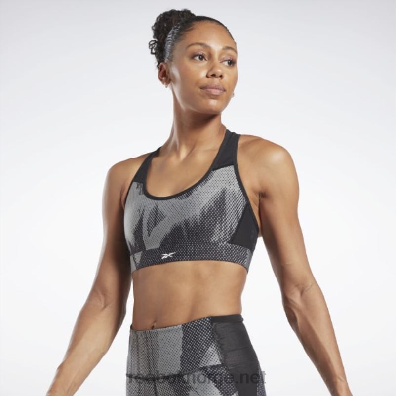 kvinner svart 2X42N791 Reebok lux perform racer-bh med all-over print - Bilde 1